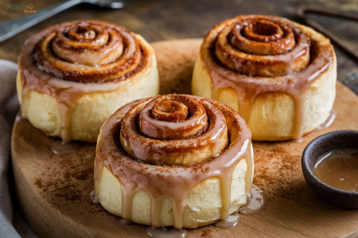 Fresh sourdough cinnamon rolls with dripping icing served on a plate, perfect for a cozy breakfast.