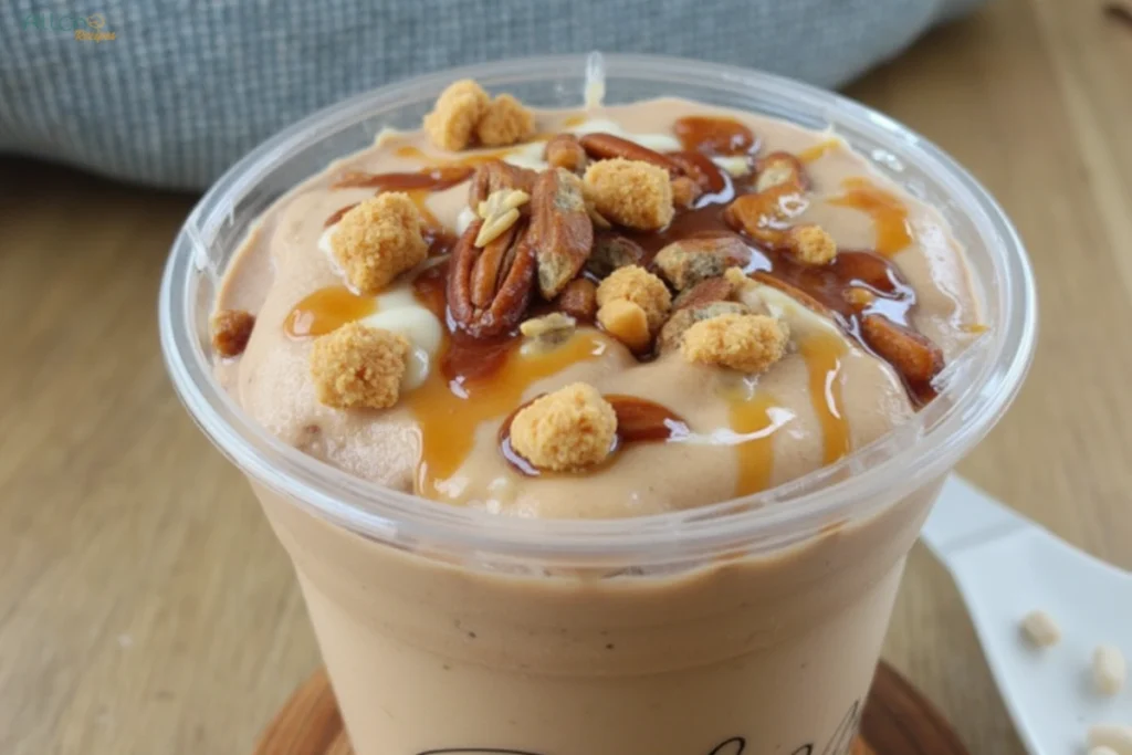 Jaxco Lunch Menu: A creamy dessert smoothie in a clear cup, topped with caramel drizzle and crunchy cookie bits, placed on a wooden surface with a soft blue cushion in the background