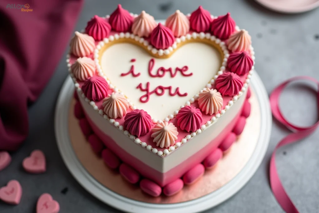 A heart cake with a smooth pink finish, decorated with fresh raspberries, strawberries, and elegant frosting swirls, placed on a white ceramic plate.