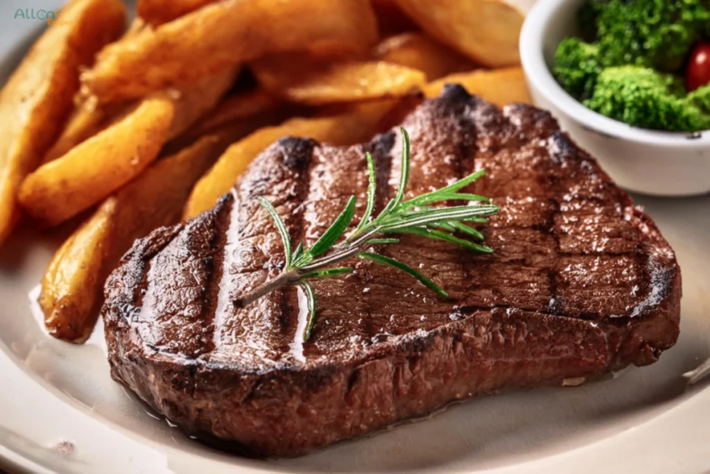 A well-done steak with charred grill marks, garnished with rosemary and served alongside crispy fries on a light-colored plate.