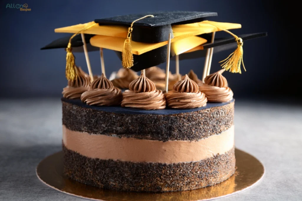 Graduation cake with chocolate frosting and miniature mortarboard toppers.