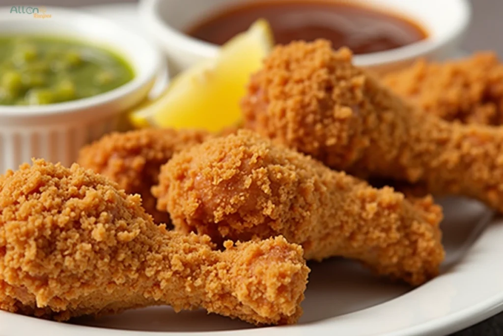 Golden-brown fried chicken drumsticks piled on a white plate with a lemon wedge and dipping sauces in the background.