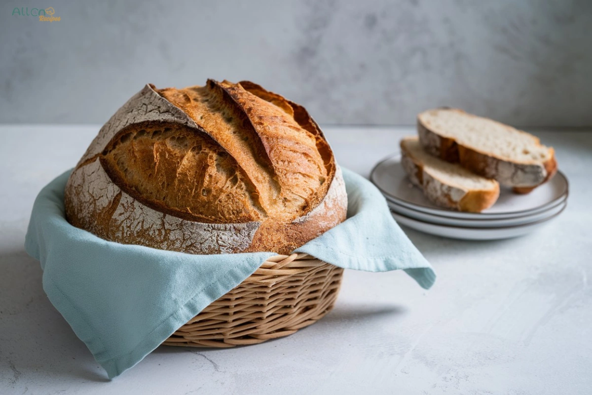 A round loaf of artisan Italian bread with golden scoring, placed in a wicker basket with a soft blue liner.