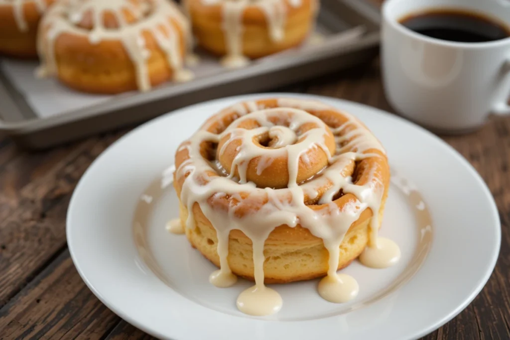 A warm cinnamon roll dripping with icing, presented on a simple white plate.