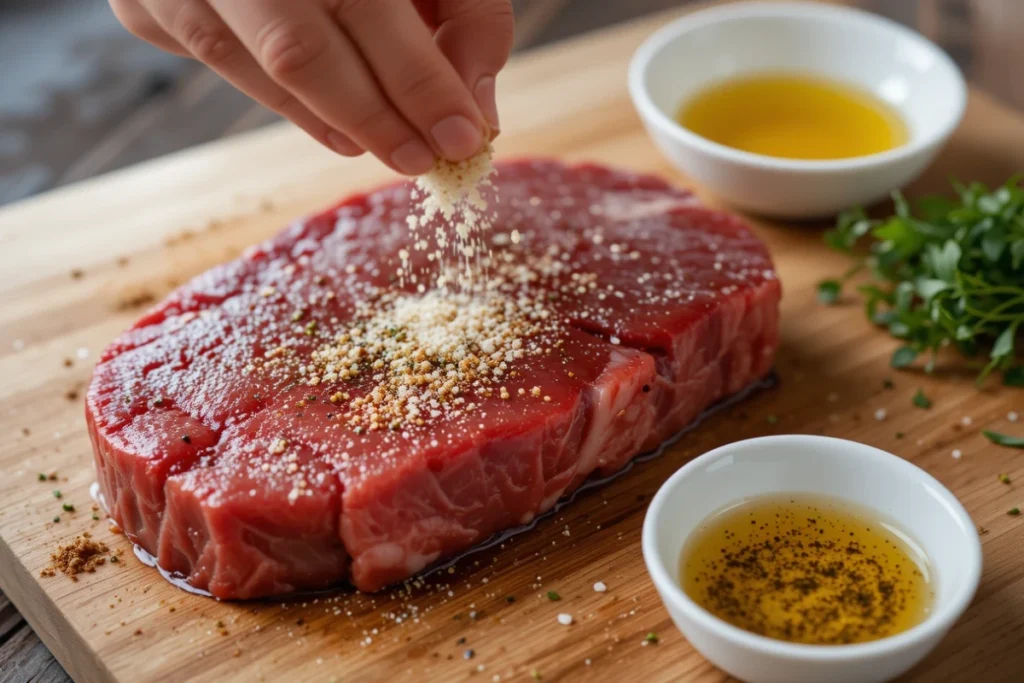 High-quality Delmonico steak with rich marbling on a butcher’s counter, ready to be selected for cooking.