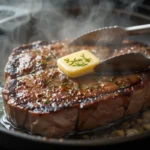 Grilled Delmonico Steak with visible grill marks, garnished with garlic butter and rosemary, served with roasted vegetables on a wooden table.