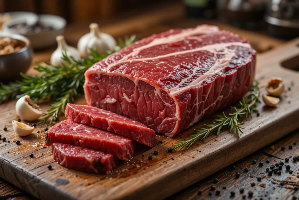 Seasoned Delmonico steak on a wooden board, ready to be cooked with garlic, salt, pepper, and olive oil.