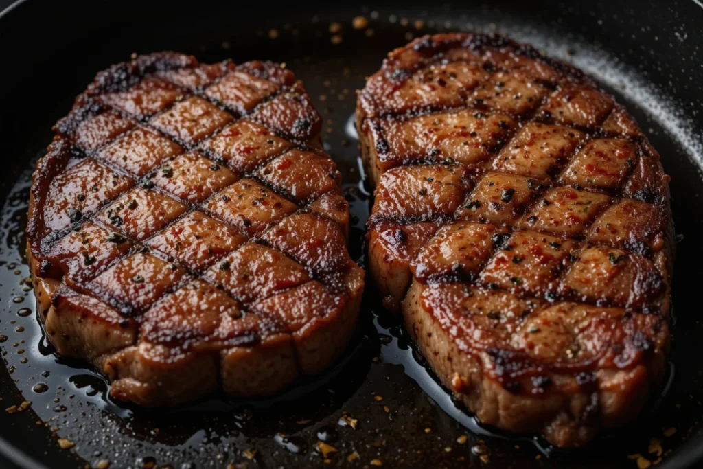 Raw Delmonico steak marinated with garlic, olive oil, and fresh herbs on a wooden cutting board, ready for cooking.