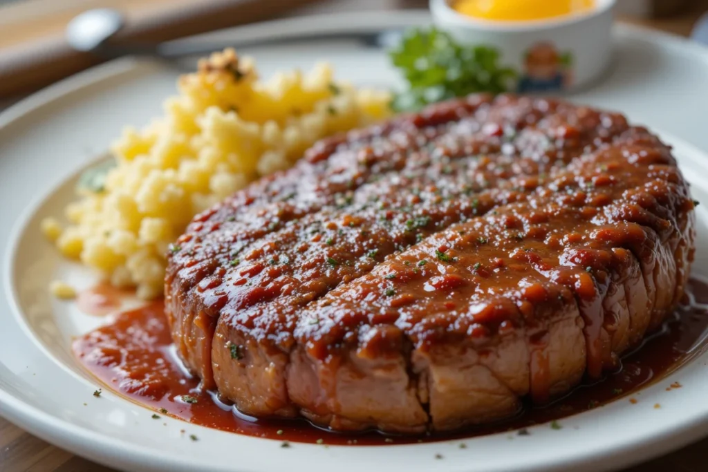 Juicy Delmonico steak sliced on a plate, served with garlic herb butter, roasted potatoes, and grilled asparagus.