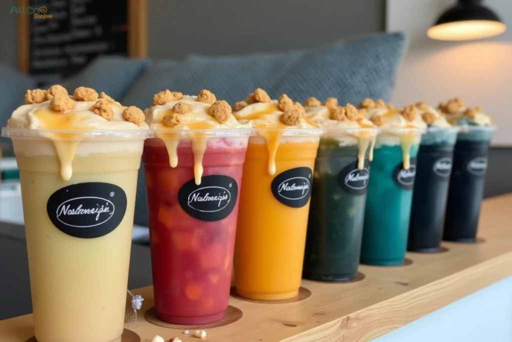 Jaxco lunch menu: A row of colorful drinks in clear cups topped with caramel drizzle and crunchy cookie crumbles, arranged on a wooden display board in a cozy cafe setting.