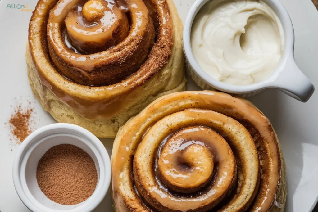 Close-up of freshly baked sourdough cinnamon rolls topped with dripping icing on a serving plate.