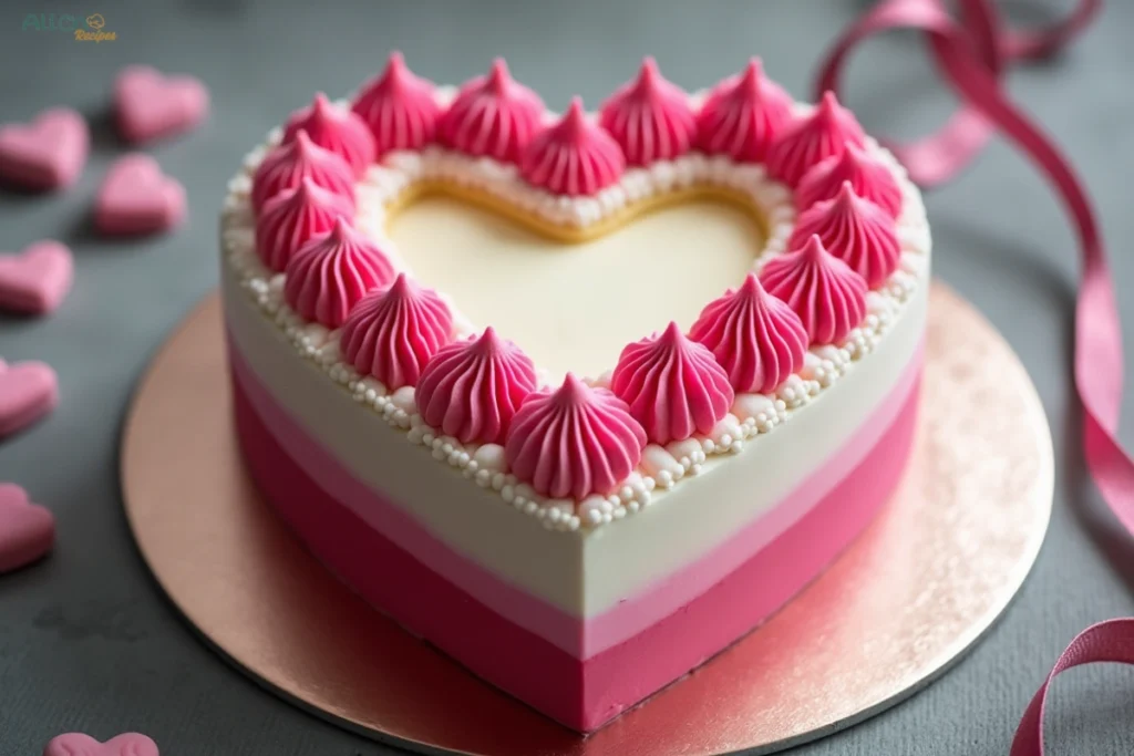 A pink heart cake decorated with raspberries, strawberries, and piped frosting, placed on a white plate with a light background.