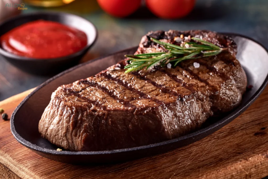 A perfectly cooked well-done steak, garnished with rosemary, served alongside golden potato wedges and fresh vegetables on a plate