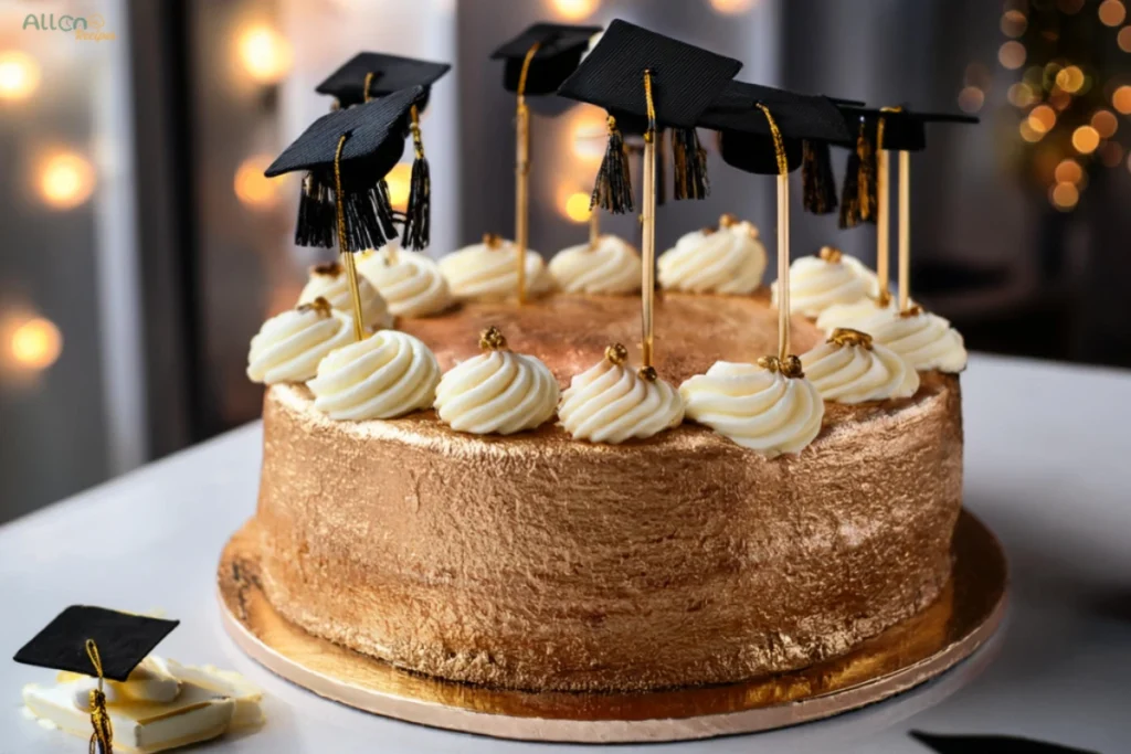 Graduation cake with a gold finish, white frosting swirls, and miniature mortarboard toppers.