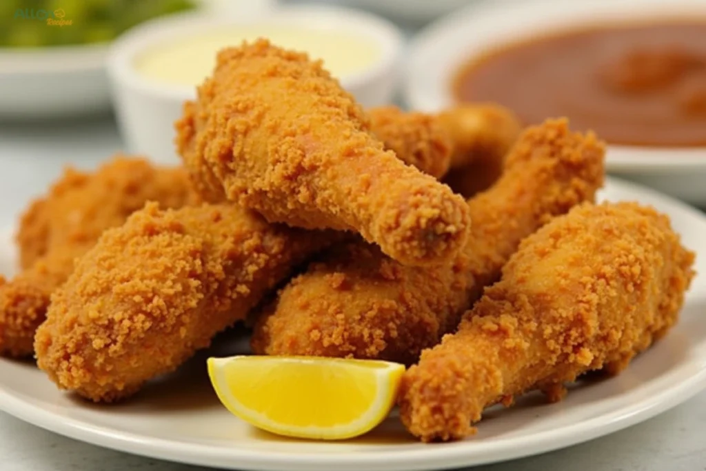 Close-up of golden-brown crispy fried chicken drumsticks with a lemon wedge and green dipping sauce in the background.