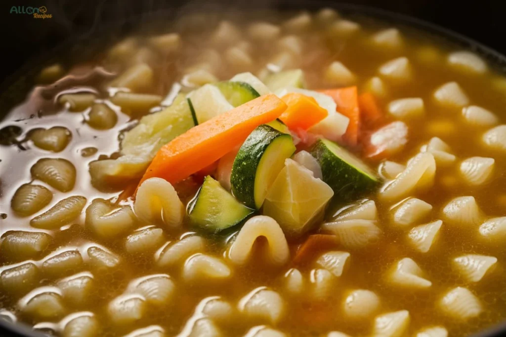 Close-up of a comforting pastina soup with star-shaped pasta, vibrant herbs, and grated cheese.