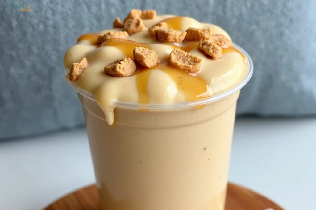 Jaxco lunch menu: A creamy dessert or smoothie in a clear cup topped with caramel drizzle and crunchy cookie crumbles, placed on a wooden surface with a soft blue background