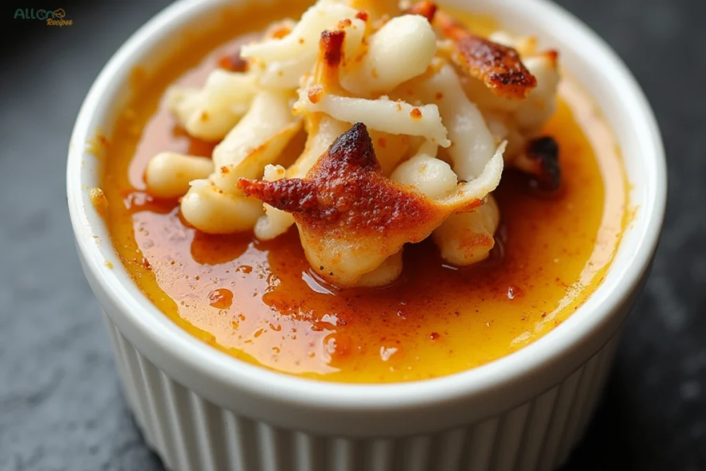 A detailed shot of a creamy crab brulee recipe, caramelized on top, adorned with fresh crab chunks and a sprinkle of paprika, elegantly presented in a small ramekin