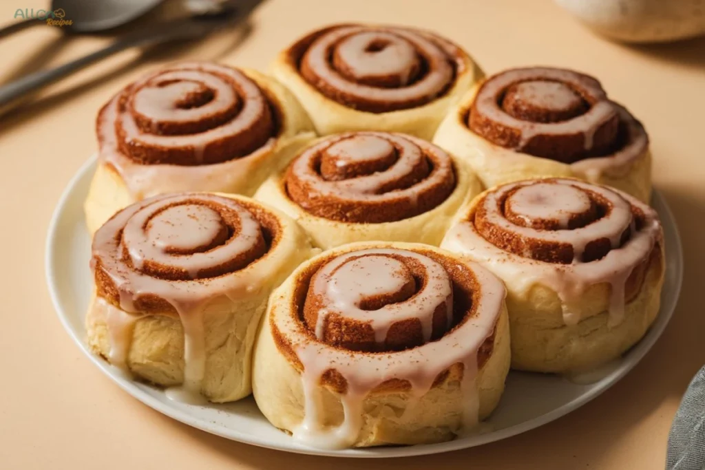 Golden sourdough cinnamon rolls on a plate, topped with a glossy icing glaze, set on a rustic wooden surface.