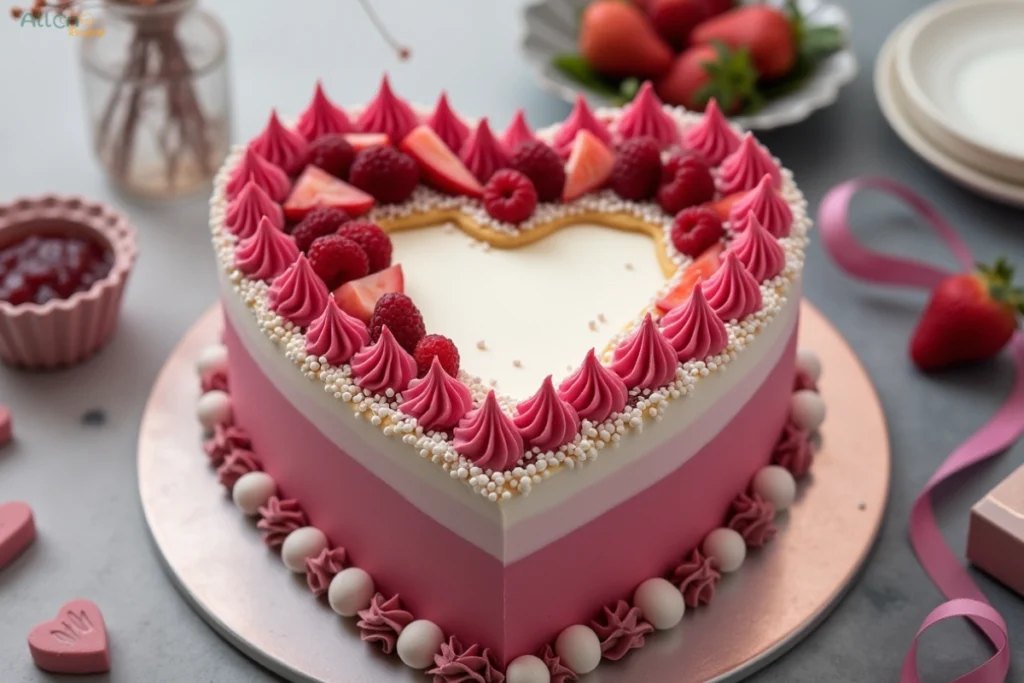 A heart cake decorated with pink frosting, fresh raspberries, strawberries, white pearls, and a white center, placed on a soft gray background.