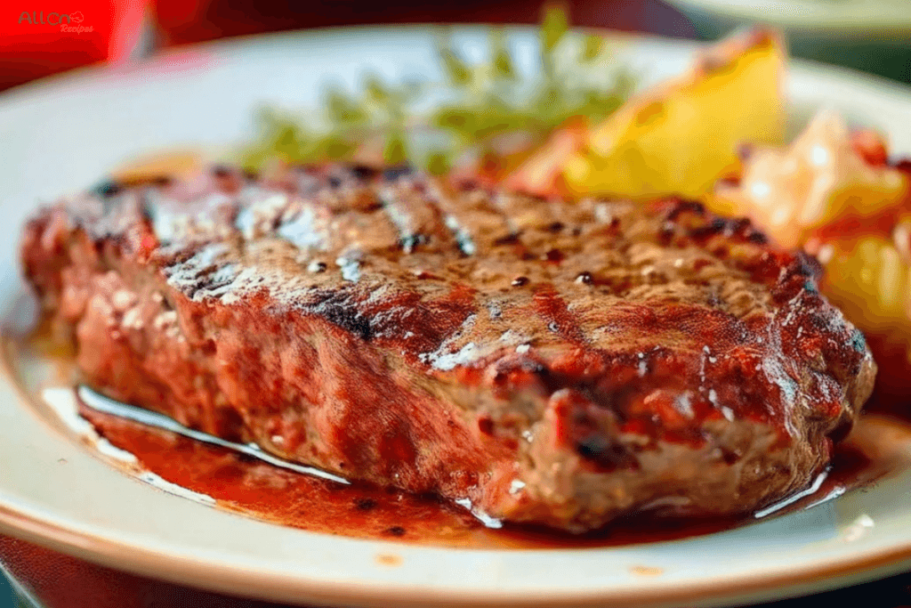Close-up of a medium-rare Delmonico steak on a plate, glistening with flavorful juices and seared grill marks.