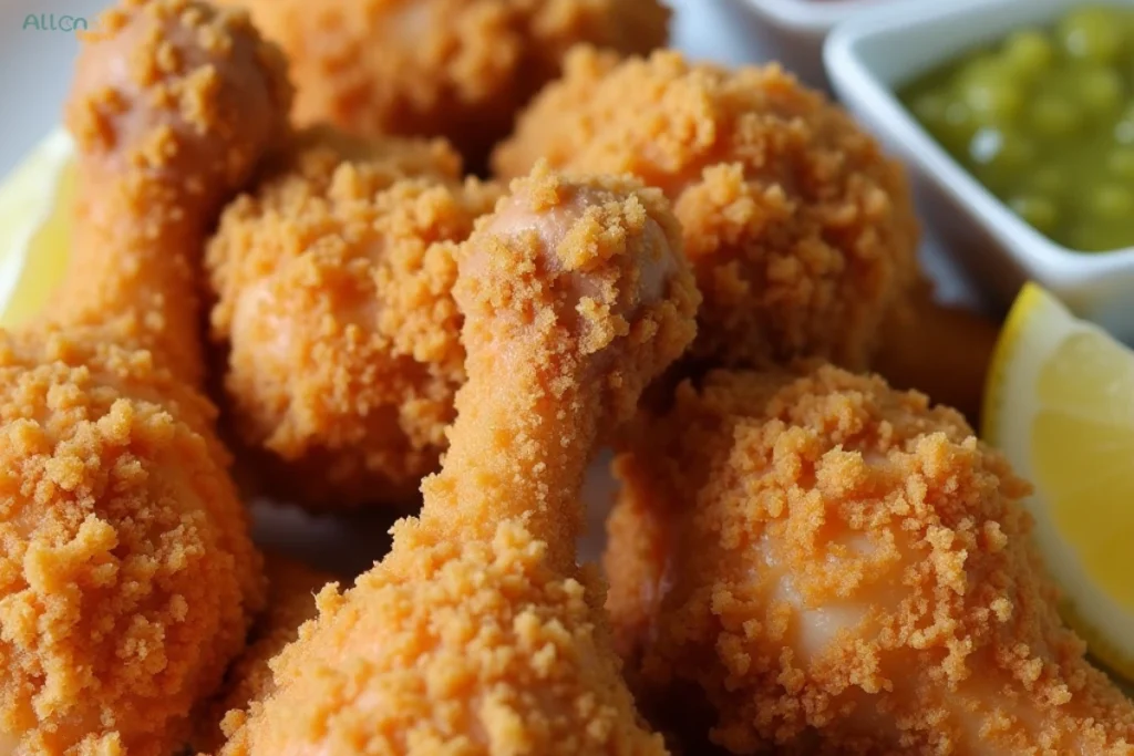 Golden-brown crispy fried chicken drumsticks served with dipping sauces and a lemon wedge on a white plate.