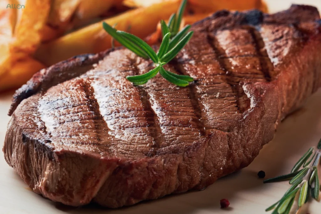 A well-done steak garnished with a sprig of rosemary, served alongside golden fries and steamed broccoli on a white plate.