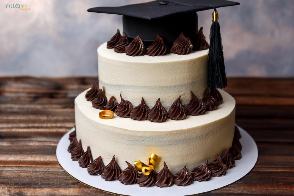 Graduation cake with a black mortarboard topper and chocolate frosting decorations.