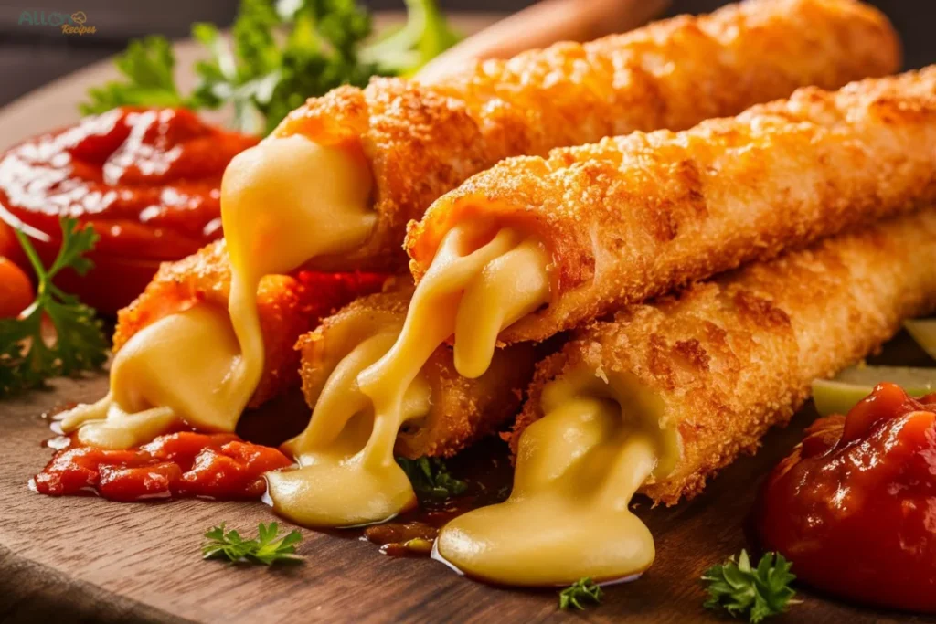 Breaded cheese sticks with a crispy golden crust, served alongside marinara sauce in a white bowl.