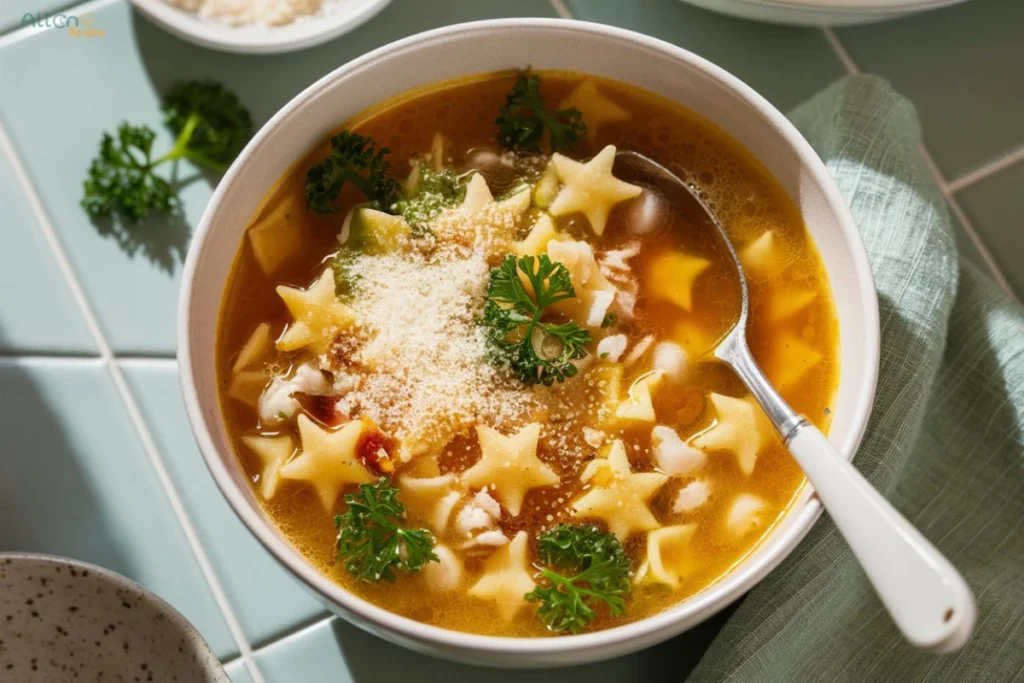 A bowl of golden pastina soup with star-shaped pasta, freshly chopped parsley, and a sprinkle of Parmesan cheese.