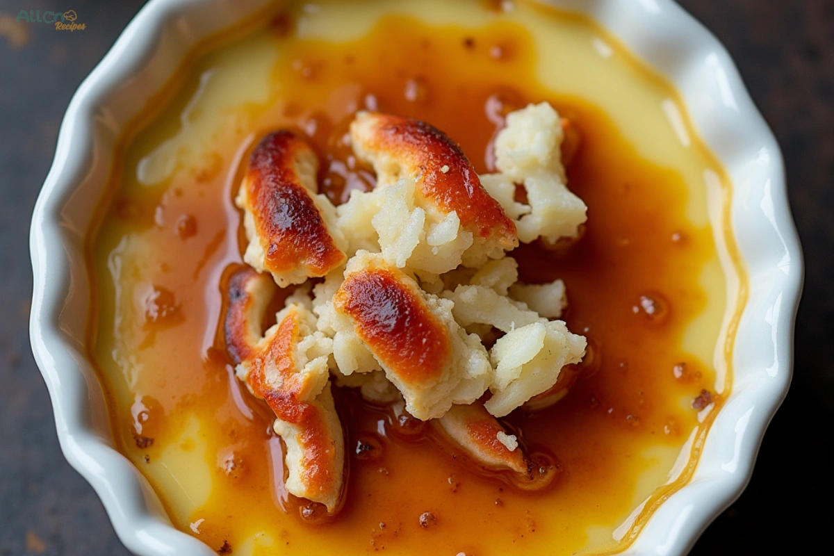 A close-up of a decadent crab brulee recipe dish topped with chunks of crab meat and garnished with paprika, served in a ramekin.