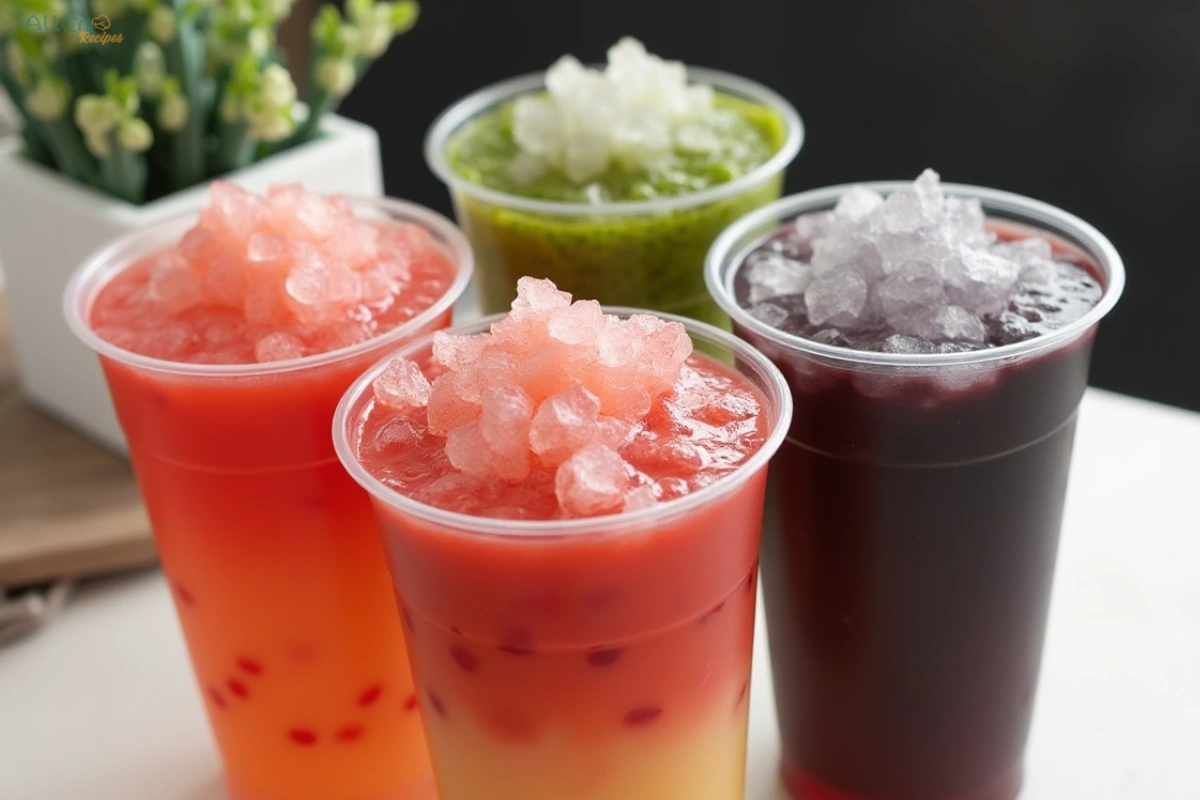 Four refreshing drinks in clear cups with crushed ice on top, featuring vibrant red, orange, green, and purple colors, arranged on a white table with a small green potted plant in the background.