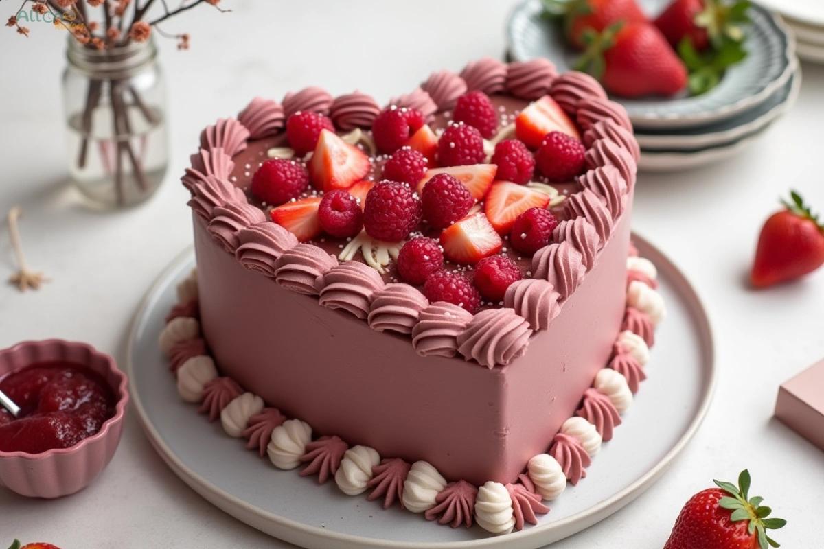 A heart cake with a pink exterior, decorated with fresh raspberries, strawberries, and pink frosting swirls, placed on a white plate with soft background elements.