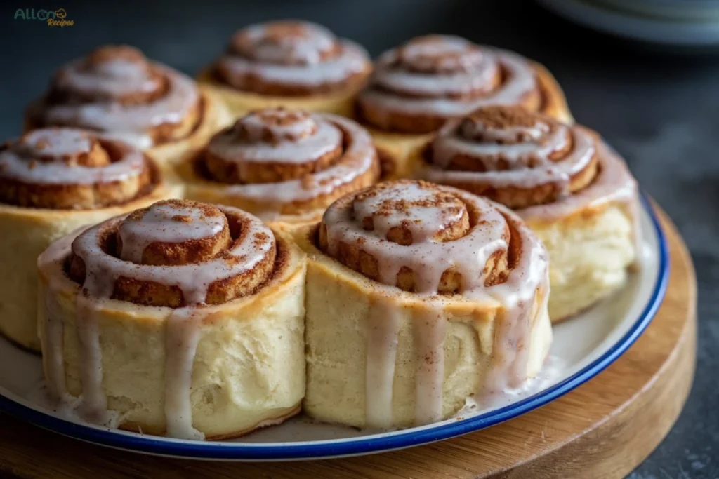 A plate of freshly baked sourdough cinnamon rolls drizzled with icing, arranged on a wooden serving board.