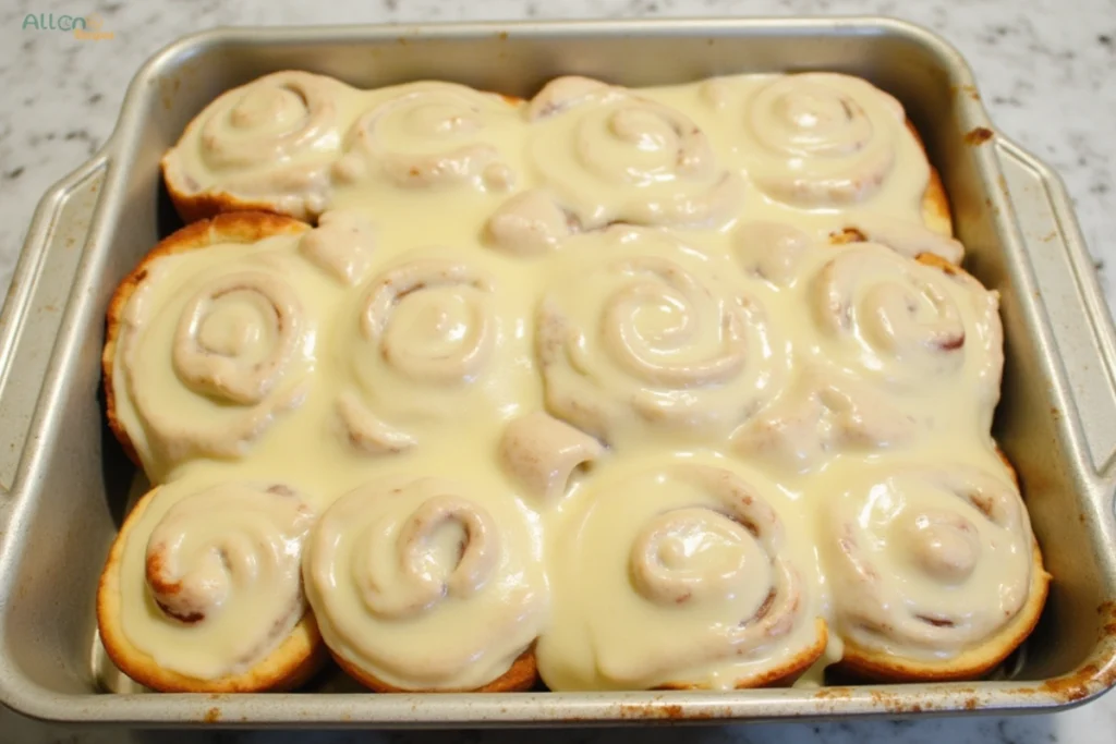 A warm cinnamon roll dripping with icing, presented on a simple white plate.