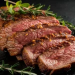 Sliced well-done steak garnished with fresh rosemary and herbs on a dark slate surface.