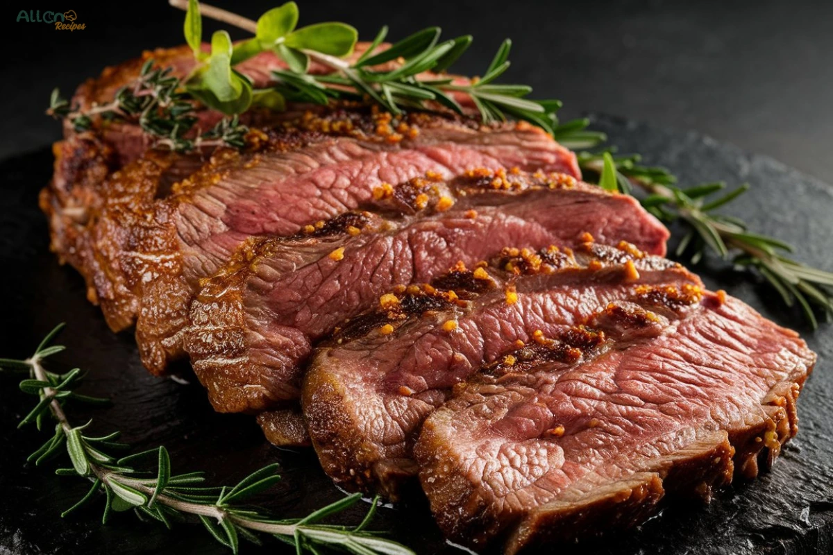 Sliced well-done steak garnished with fresh rosemary and herbs on a dark slate surface.