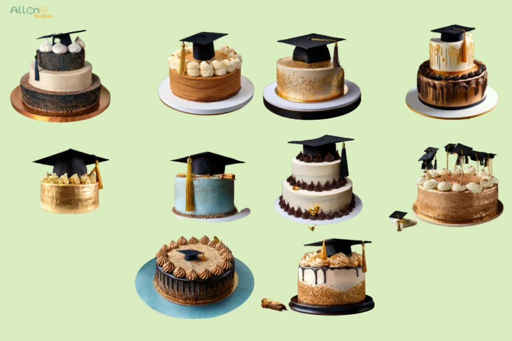 Graduation cakes with vibrant decorations and celebratory toppers.