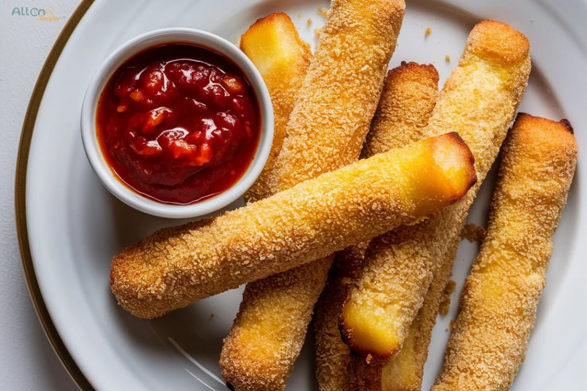 Golden, crispy cheese sticks served on a white plate with a side of rich red marinara sauce