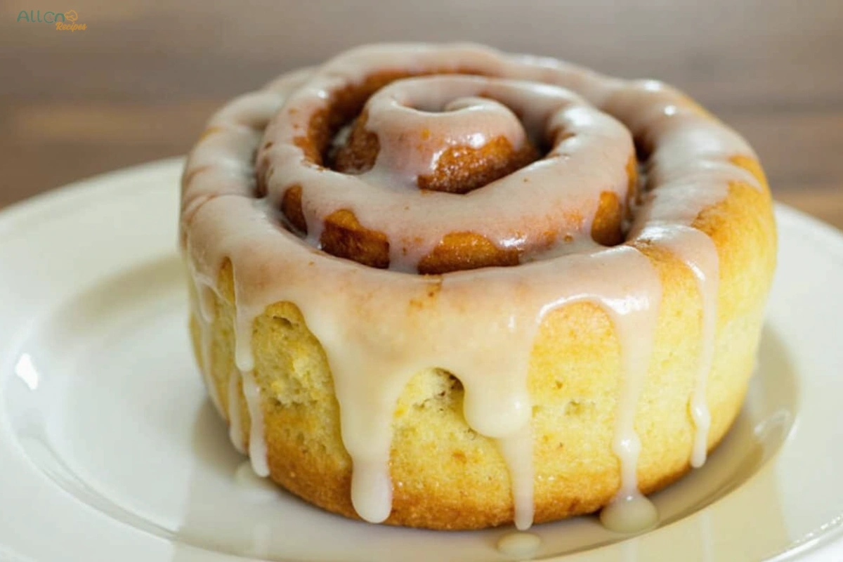 A close-up of a sourdough discard cinnamon rolls roll topped with creamy icing, placed on a white plate.