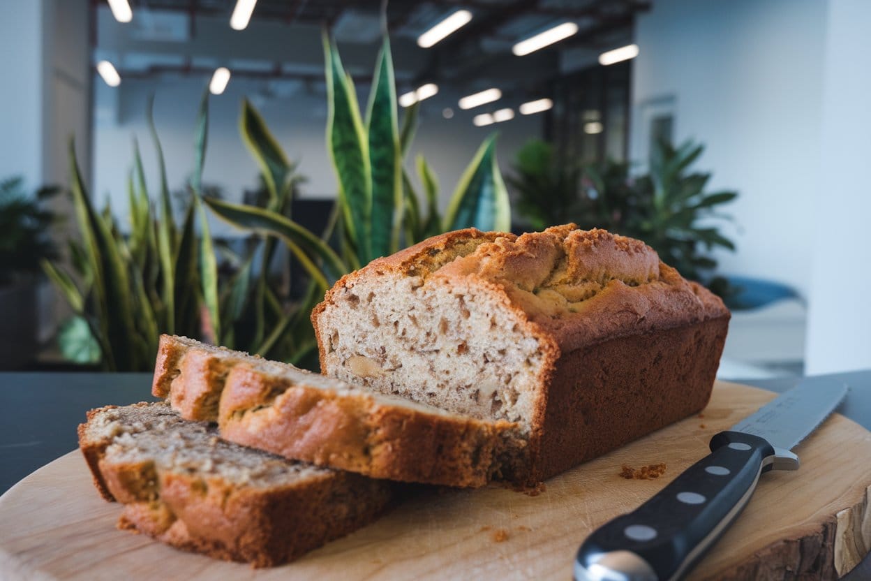 Sliced banana bread on a wooden cutting board with a knife, surrounded by indoor plants in a modern workspace.