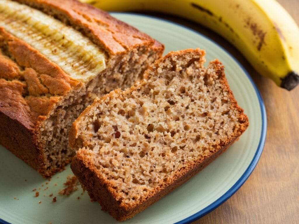 A slice of freshly baked banana bread with a banana in the background, served on a green plate.