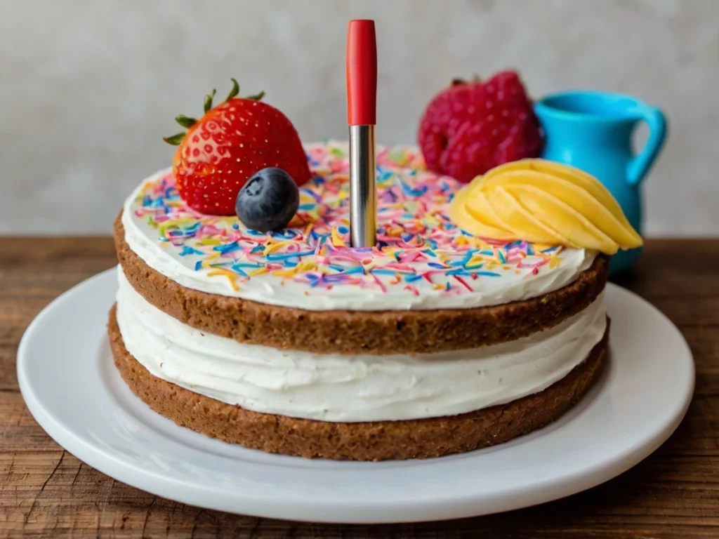 A layered cake with white frosting and colorful sprinkles, topped with fresh fruit (strawberry, blueberry, raspberry, and mango slices), and a red pen inserted vertically in the center, placed on a white plate with a wooden background