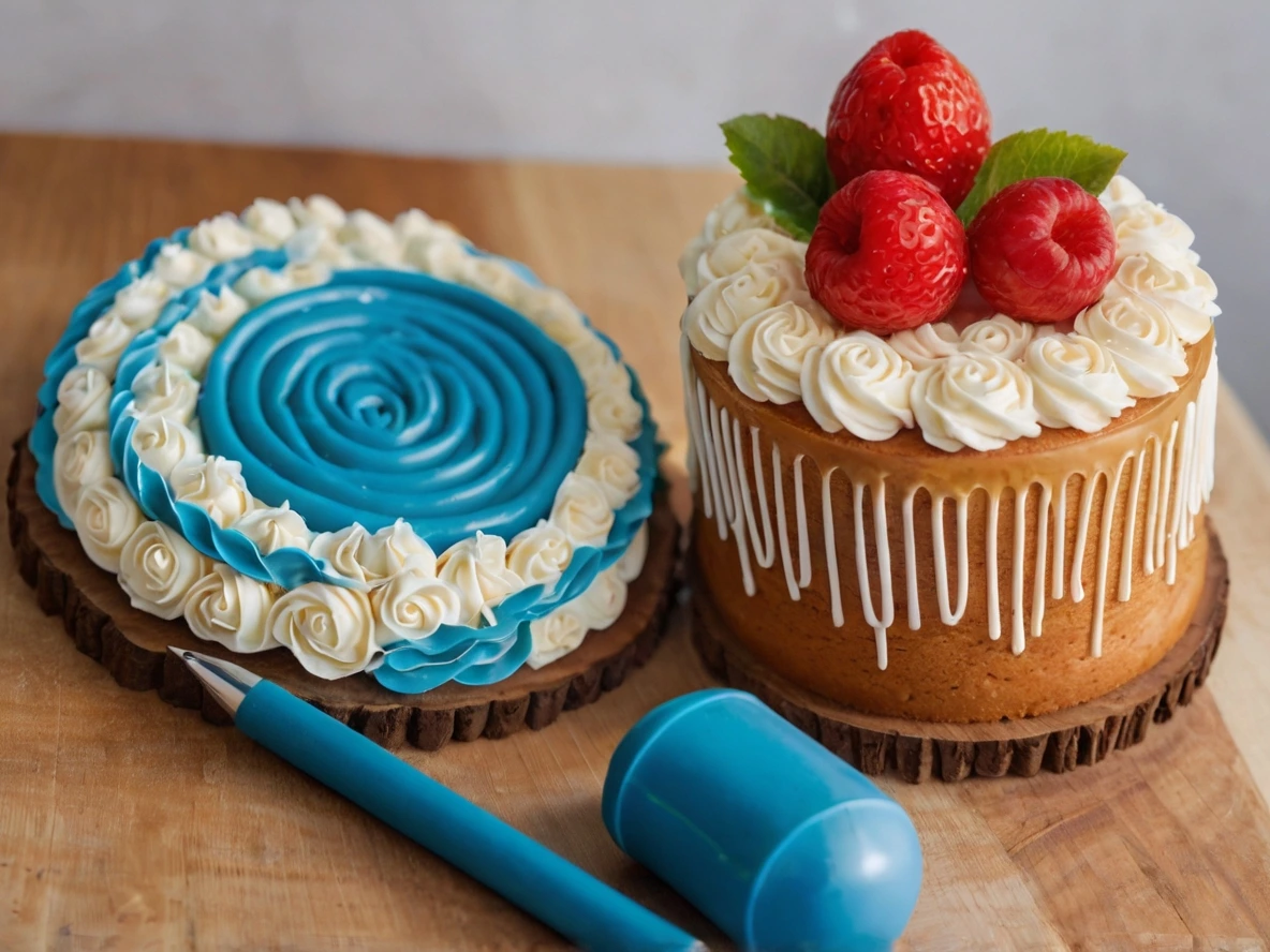 A naked-style cake layered with cake pen, topped with colorful sprinkles, fresh fruits (strawberry, raspberry, blueberry, and mango slices), and a bright red pen inserted in the center, placed on a white plate with a wooden background.