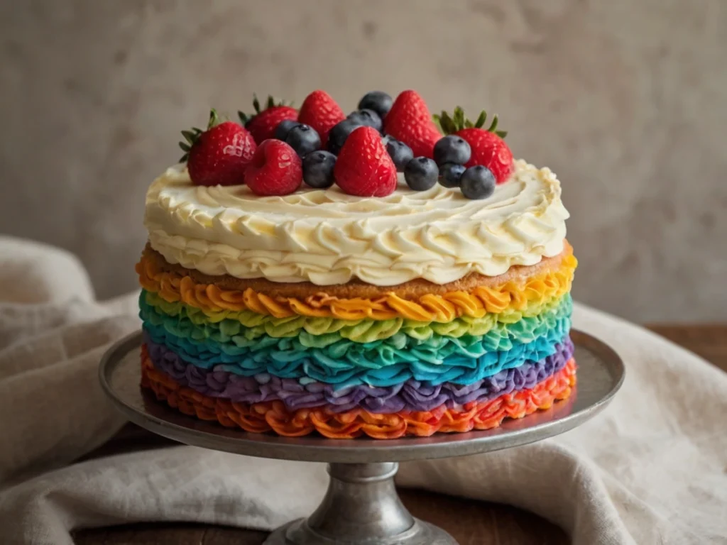 Two beautifully decorated cakes, one with blue and white frosting roses and the other with white drip frosting topped with fresh strawberries and raspberries, alongside a blue frosting pen on a wooden surface