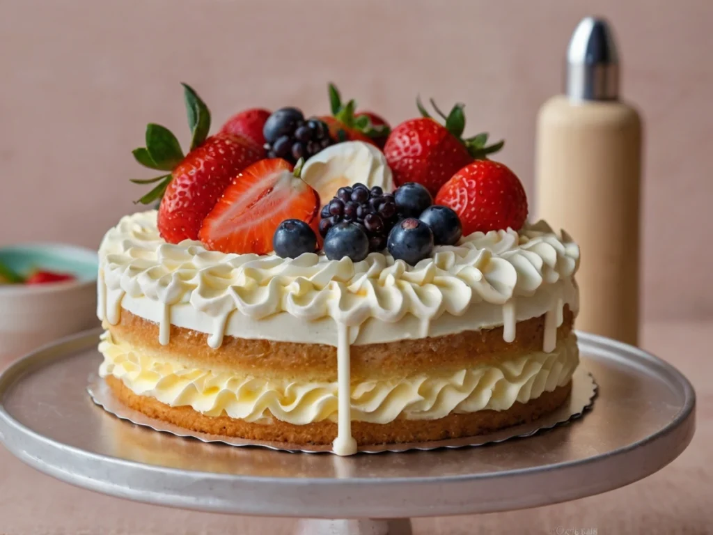 A fruit-topped layered cake decorated with sprinkles and white frosting, with a red pen standing upright in the center, displayed on a white plate with a rustic wooden background