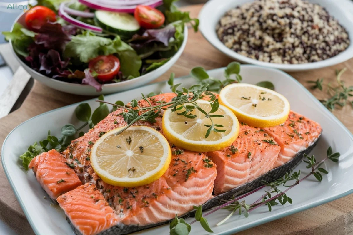 A plate of baked salmon fillets garnished with lemon slices and fresh herbs, served alongside a salad and quinoa, perfect for a fish food recipe.