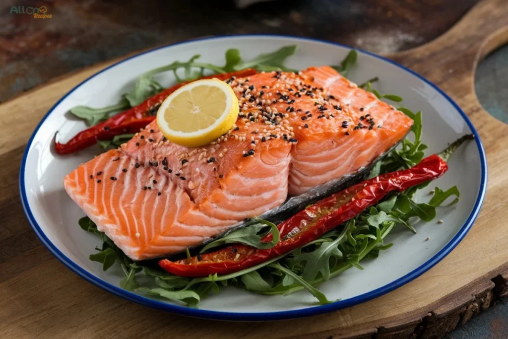 Grilled salmon fillet served on a plate with arugula, roasted chili peppers, and garnished with sesame seeds and lemon, showcasing a unique fish food recipe.