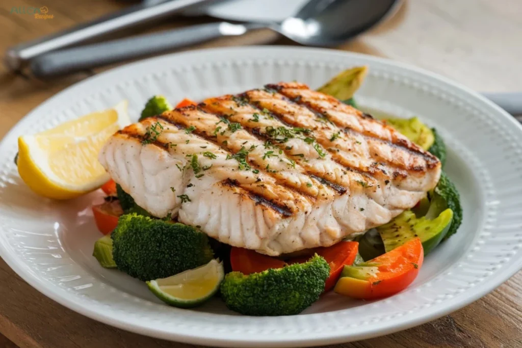 Grilled fish fillet served with steamed broccoli, zucchini, and bell peppers, creating a healthy and tasty fish food recipe.