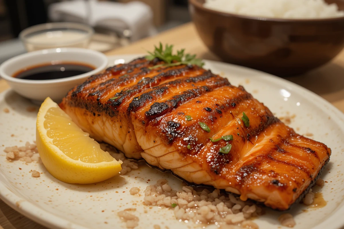 Salmon kama sizzling on a charcoal grill, developing a crispy, flavorful crust.